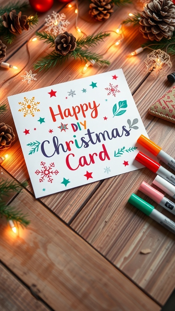 DIY Christmas Card for Your Boyfriend A handmade Christmas card with festive decorations and personal touches on a wooden table with holiday decor.